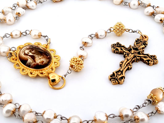 Immaculate Heart of Mary unique rosary beads freshwater pearl and gold rosary beads with gold plated filigree crucifix.