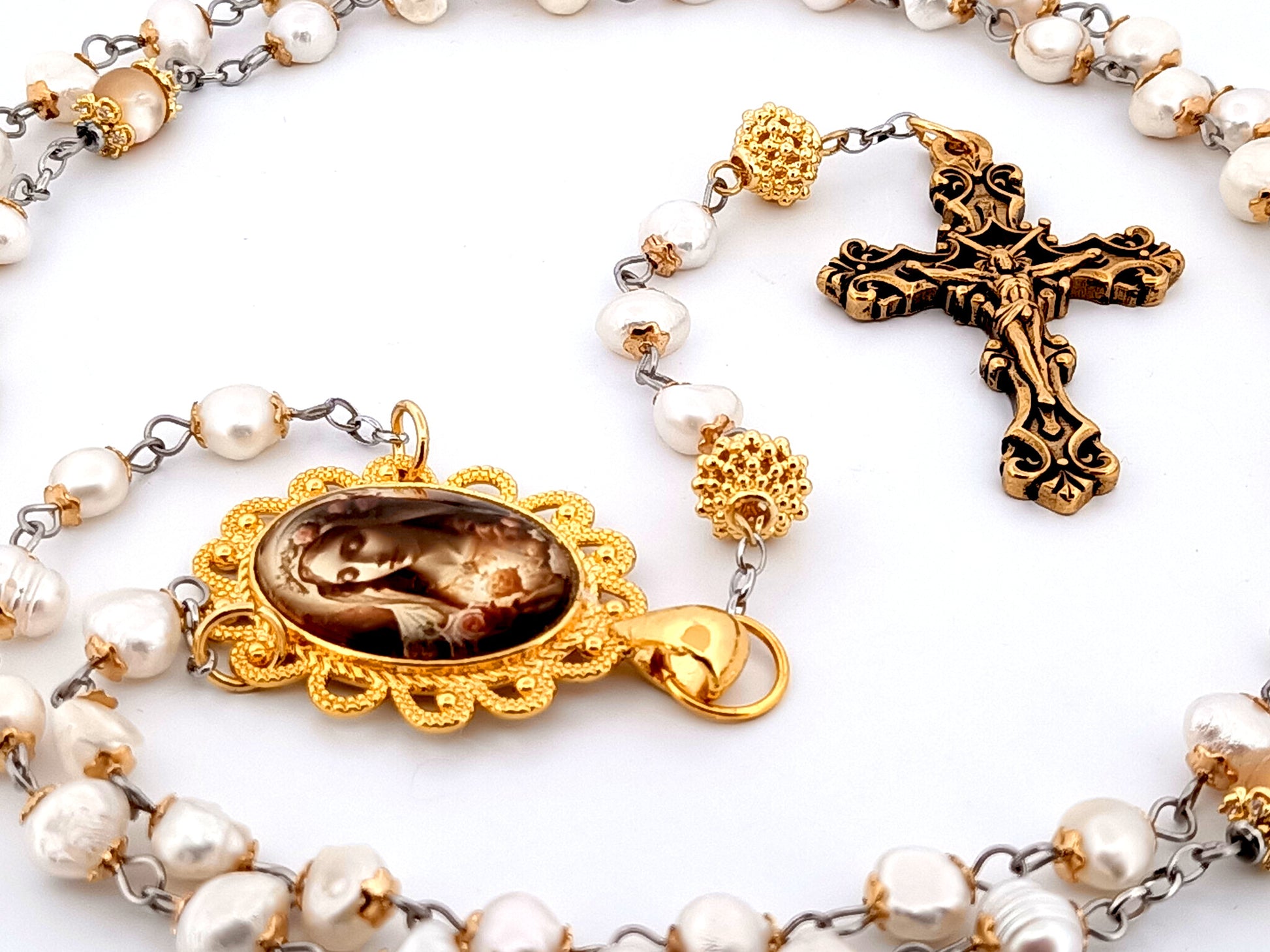 Immaculate Heart of Mary unique rosary beads freshwater pearl and gold rosary beads with gold plated filigree crucifix.