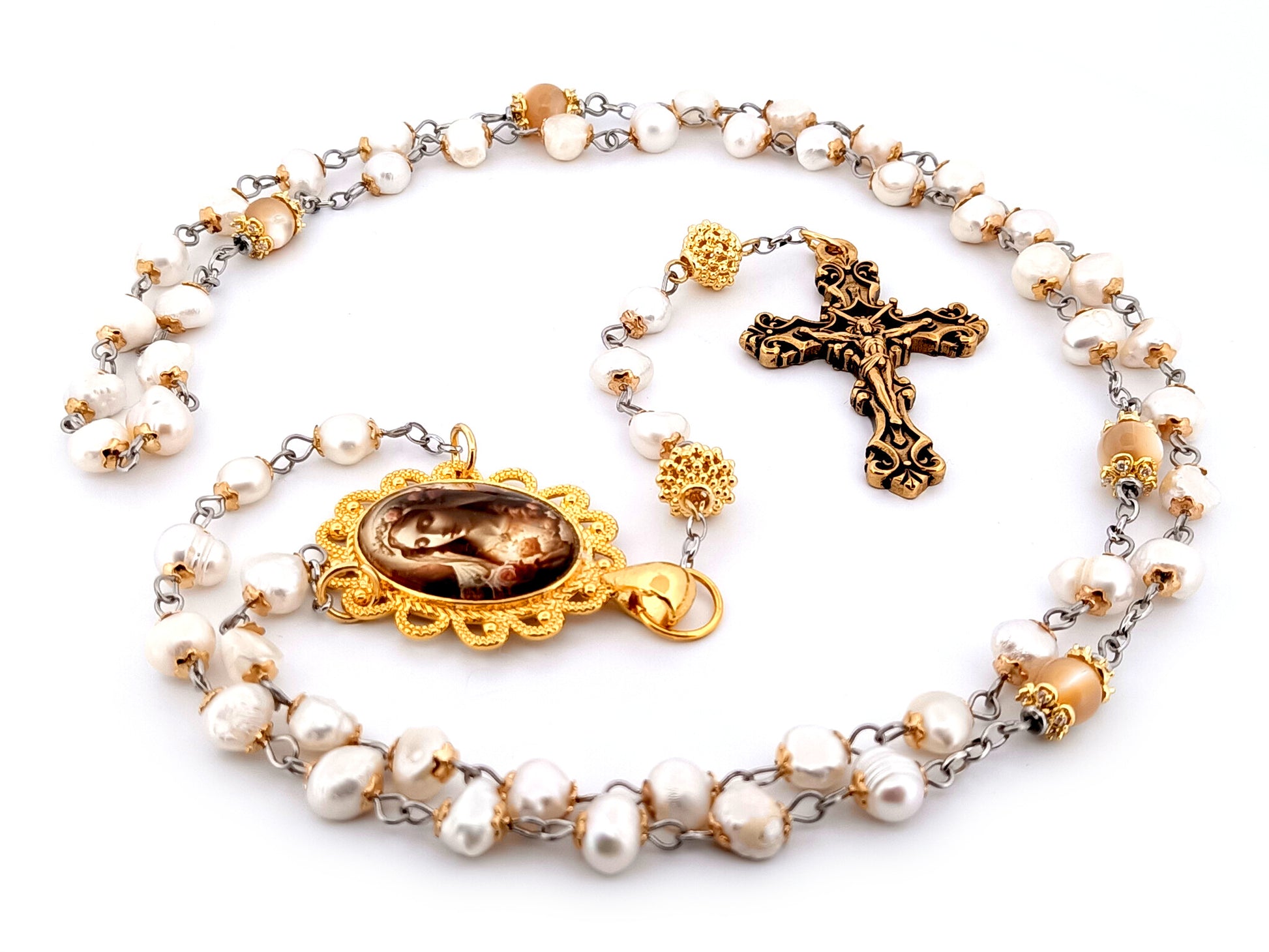 Immaculate Heart of Mary unique rosary beads freshwater pearl and gold rosary beads with gold plated filigree crucifix.