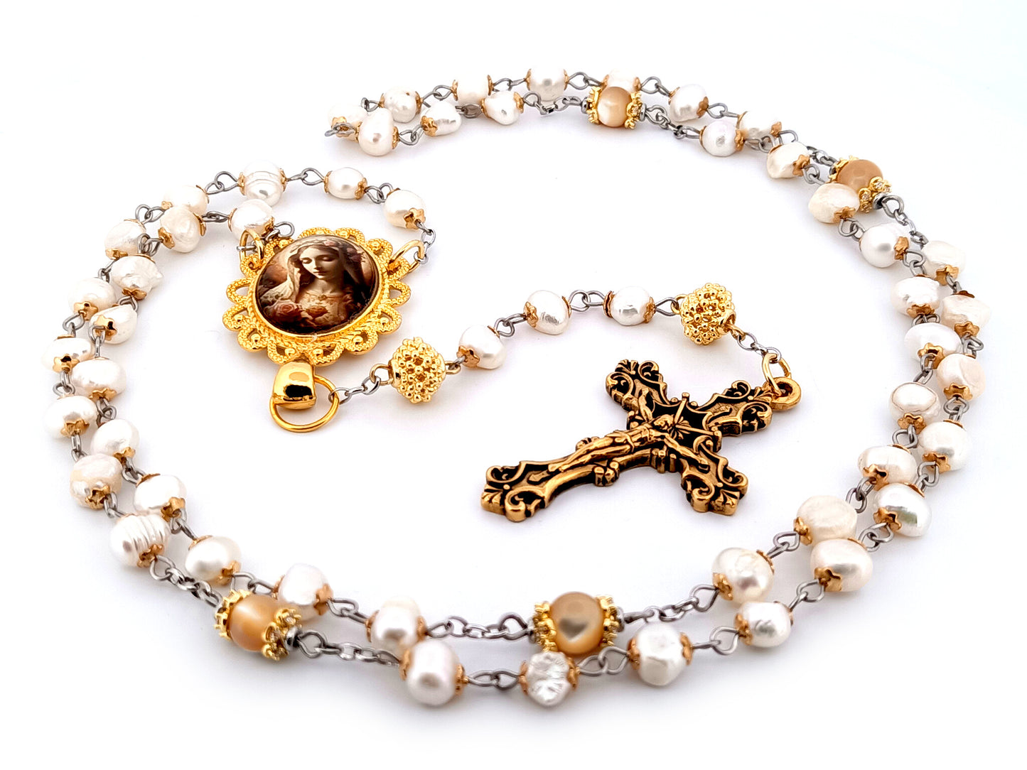 Immaculate Heart of Mary unique rosary beads freshwater pearl and gold rosary beads with gold plated filigree crucifix.