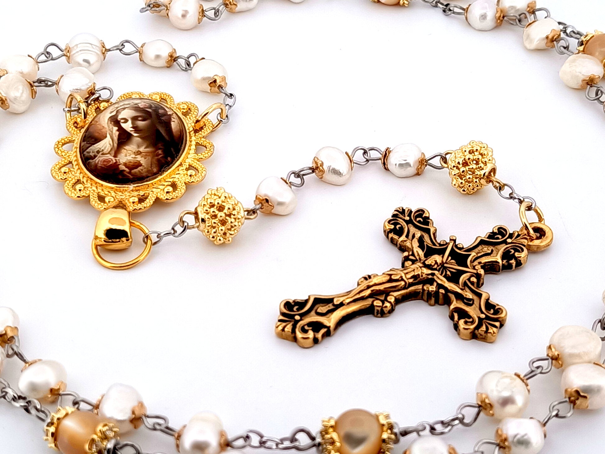 Immaculate Heart of Mary unique rosary beads freshwater pearl and gold rosary beads with gold plated filigree crucifix.