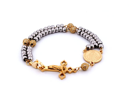 Miraculous Medal unique rosary beads  925 Gold plated stainless steel 5 decade rosary bracelet with gold plated stainless steel crucifix and 18K gold plated clasp.