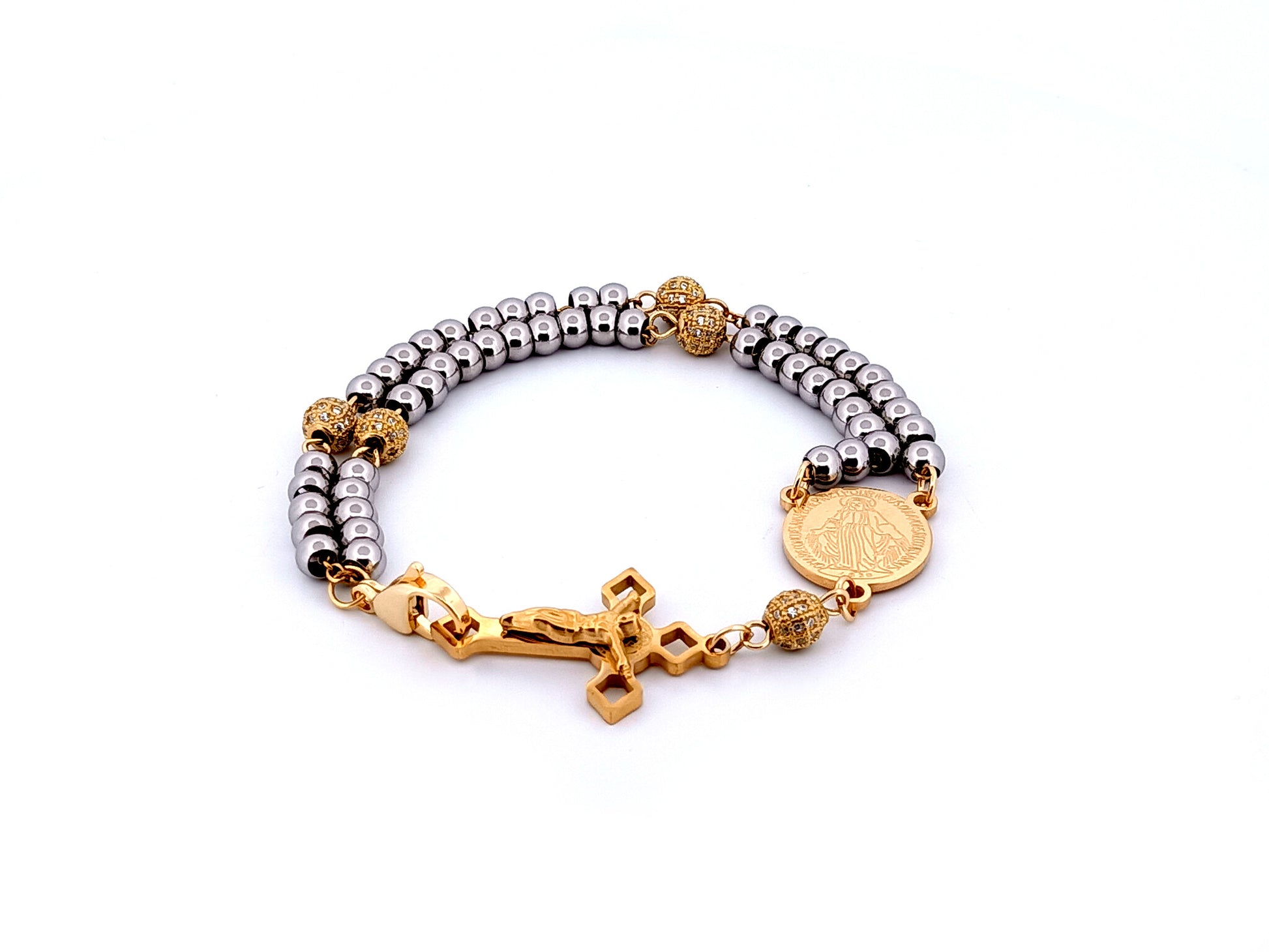 Miraculous Medal unique rosary beads  925 Gold plated stainless steel 5 decade rosary bracelet with gold plated stainless steel crucifix and 18K gold plated clasp.