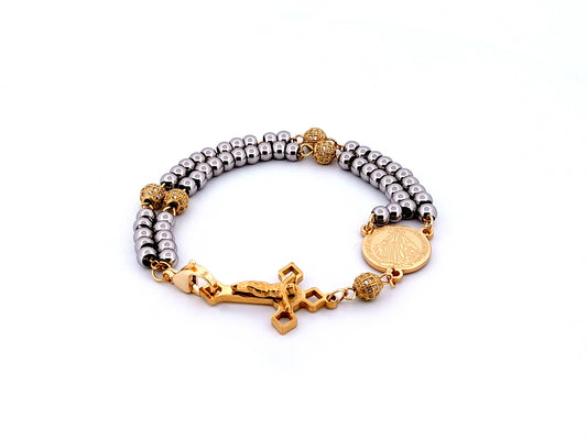 Miraculous Medal unique rosary beads  925 Gold plated stainless steel 5 decade rosary bracelet with gold plated stainless steel crucifix and 18K gold plated clasp.