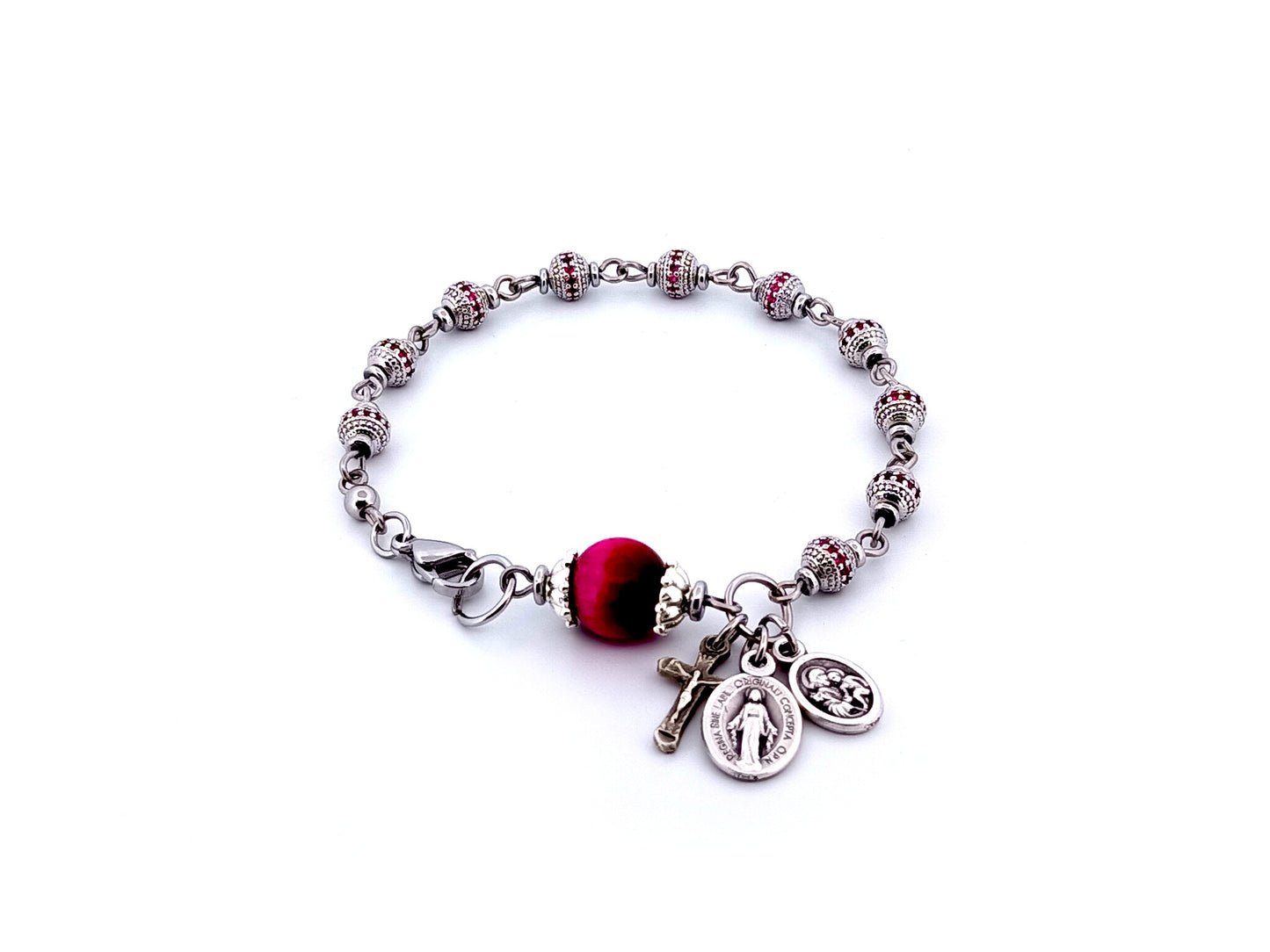 Miraculous Medal and Saint Joseph unique rosary beads cubic zirconia and tigers eye gemstone single decade rosary bracelet with small crucifix.