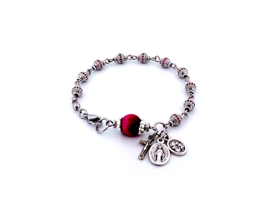 Miraculous Medal and Saint Joseph unique rosary beads cubic zirconia and tigers eye gemstone single decade rosary bracelet with small crucifix.