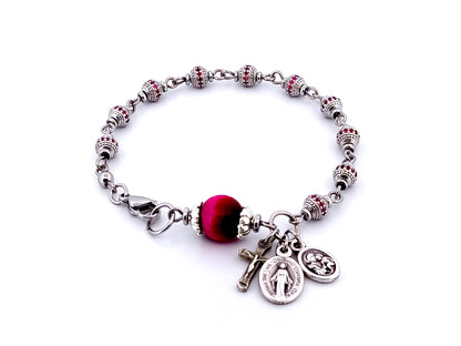 Miraculous Medal and Saint Joseph unique rosary beads cubic zirconia and tigers eye gemstone single decade rosary bracelet with small crucifix.