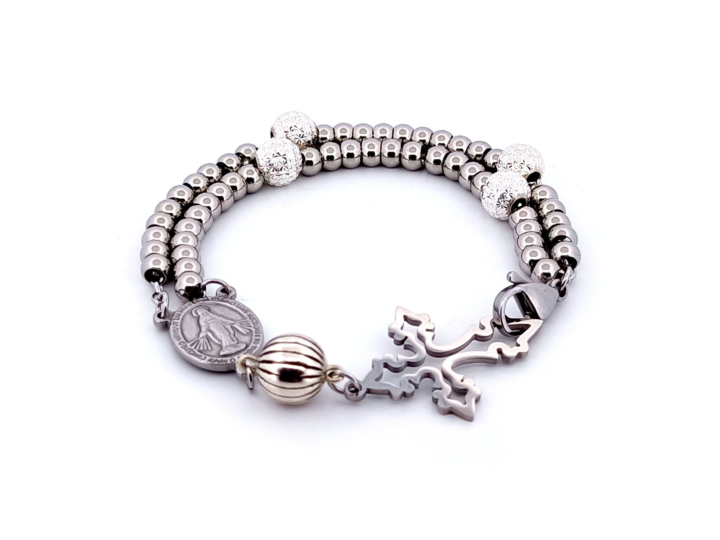 Miraculous Medal unique rosary beads 925 sterling silver and stainless steel 5 decade rosary bracelet with filigree linking cross.