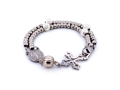 Miraculous Medal unique rosary beads 925 sterling silver and stainless steel 5 decade rosary bracelet with filigree linking cross.