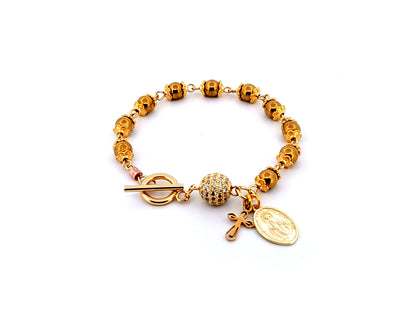 18K gold plated 925 sterling silver Miraculous medal and cubic zirconia single decade rosary bead bracelet with small gold plated cross.
