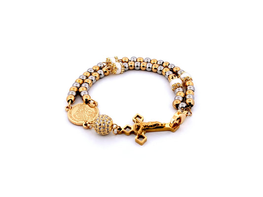 Miraculous Medal gold and silver stainless steel 5 decade rosary bracelet with gold plated Saint Benedict crucifix.
