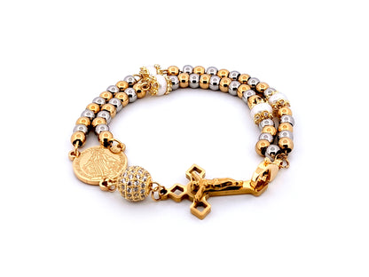 Miraculous Medal gold and silver stainless steel 5 decade rosary bracelet with gold plated Saint Benedict crucifix.