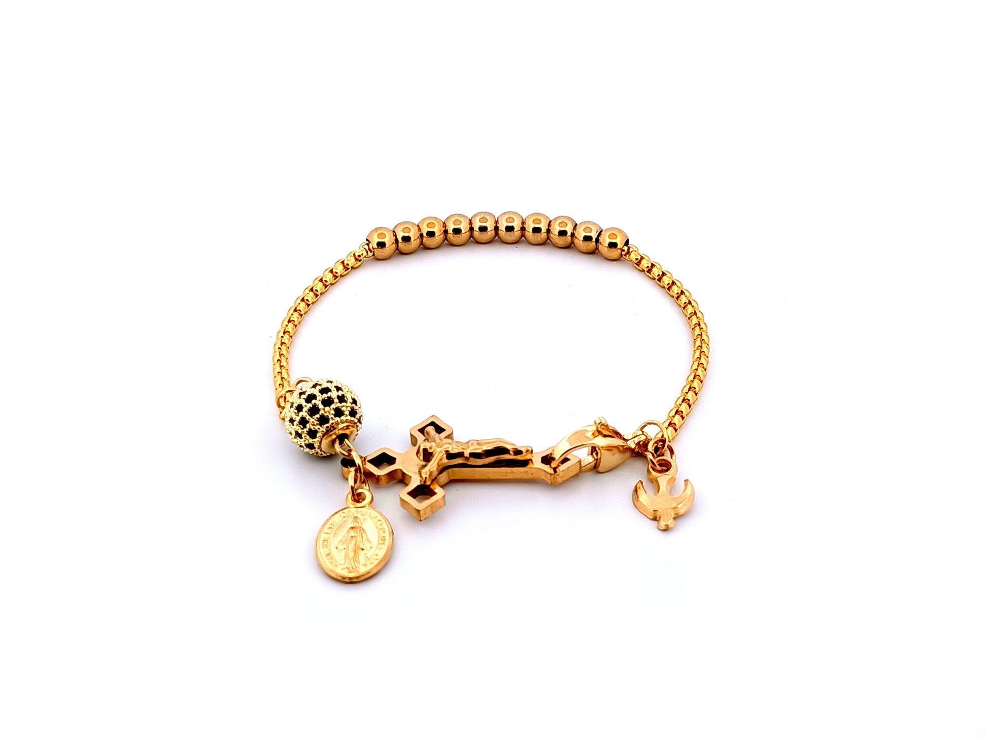 Miraculous Medal unique rosary beads 18k gold plated and cubic zirconia single decade rosary bead bracelet with gold plated Saint Benedict crucifix.
