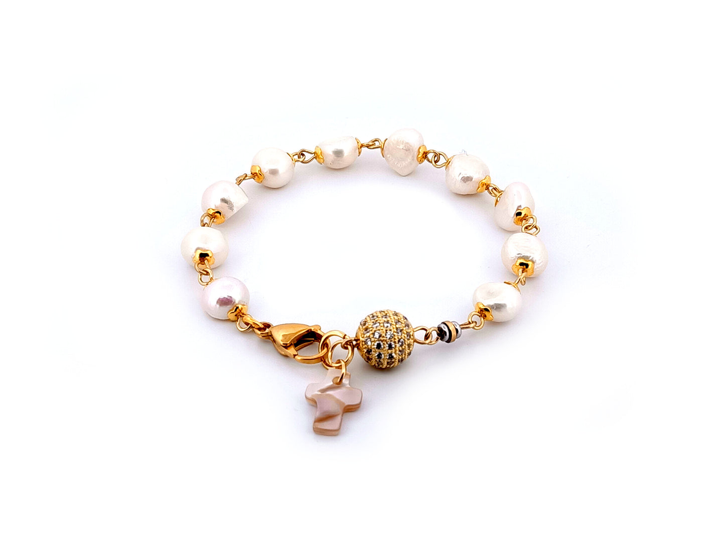 Mother of Pearl cross single decade rosary bracelet with freshwater pearls and 18K gold plated cubic zirconia beads.
