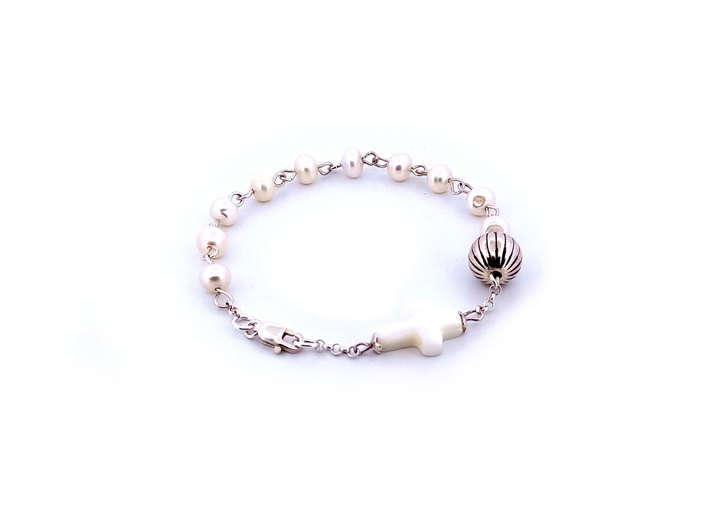 Natural pearl and 925 sterling silver single decade rosary bracelet with mother of pearl cross.