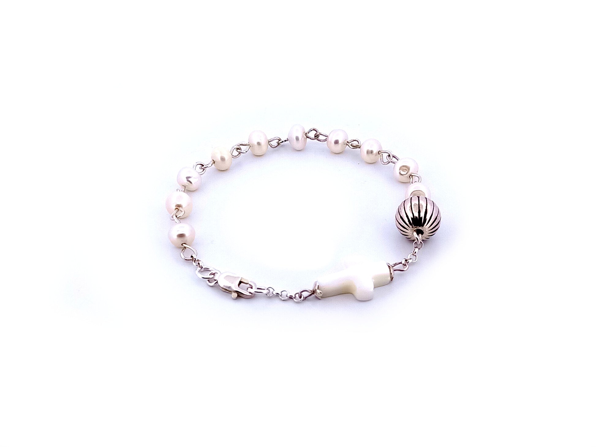 Natural pearl and 925 sterling silver single decade rosary bracelet with mother of pearl cross.