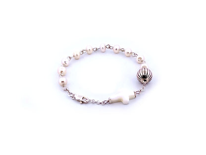 Natural pearl and 925 sterling silver single decade rosary bracelet with mother of pearl cross.