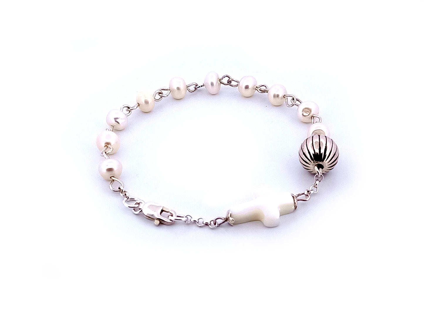 Natural pearl and 925 sterling silver single decade rosary bracelet with mother of pearl cross.