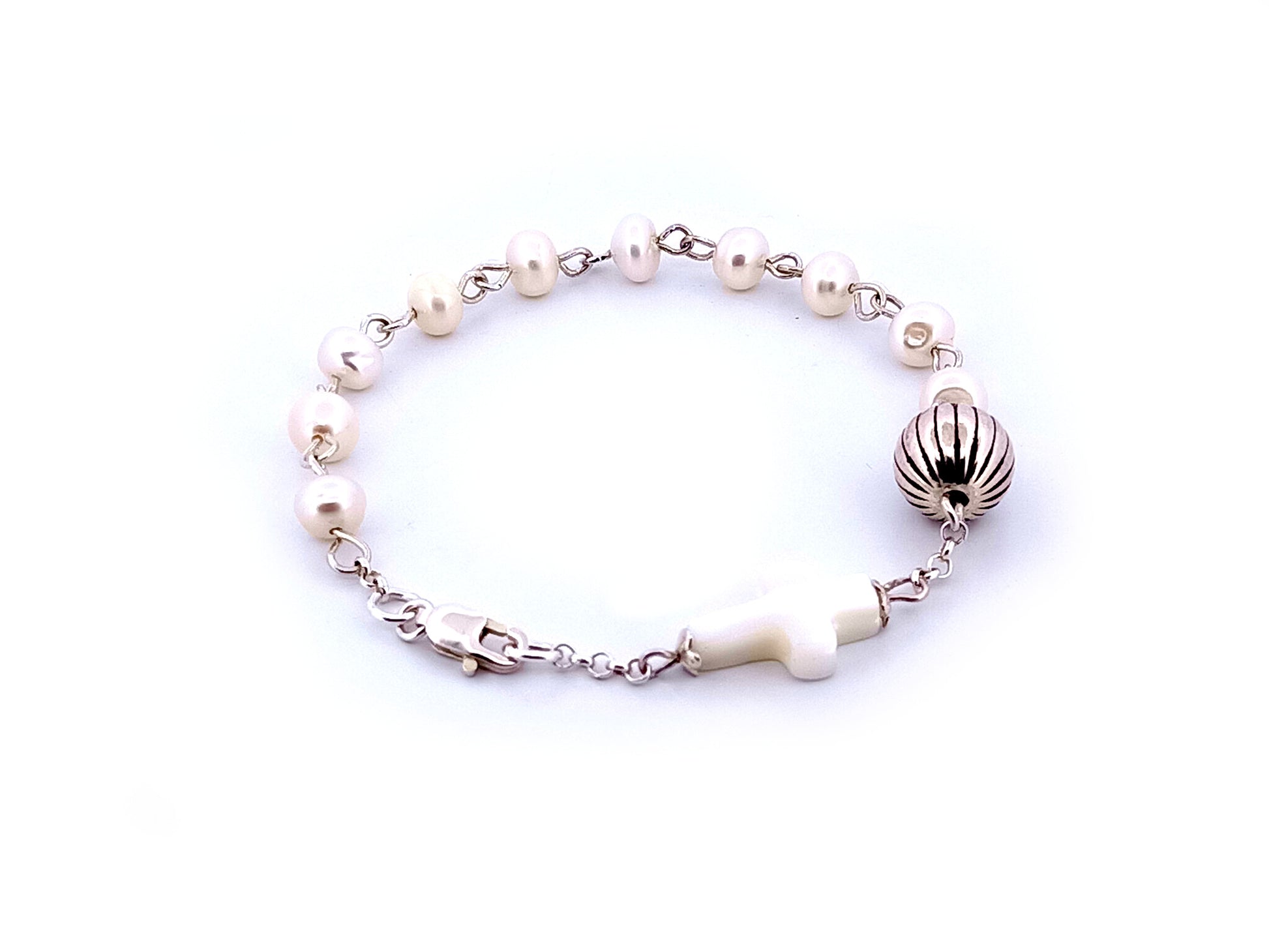 Natural pearl and 925 sterling silver single decade rosary bracelet with mother of pearl cross.