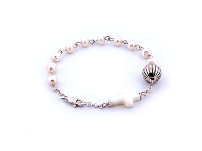 Natural pearl and 925 sterling silver single decade rosary bracelet with mother of pearl cross.