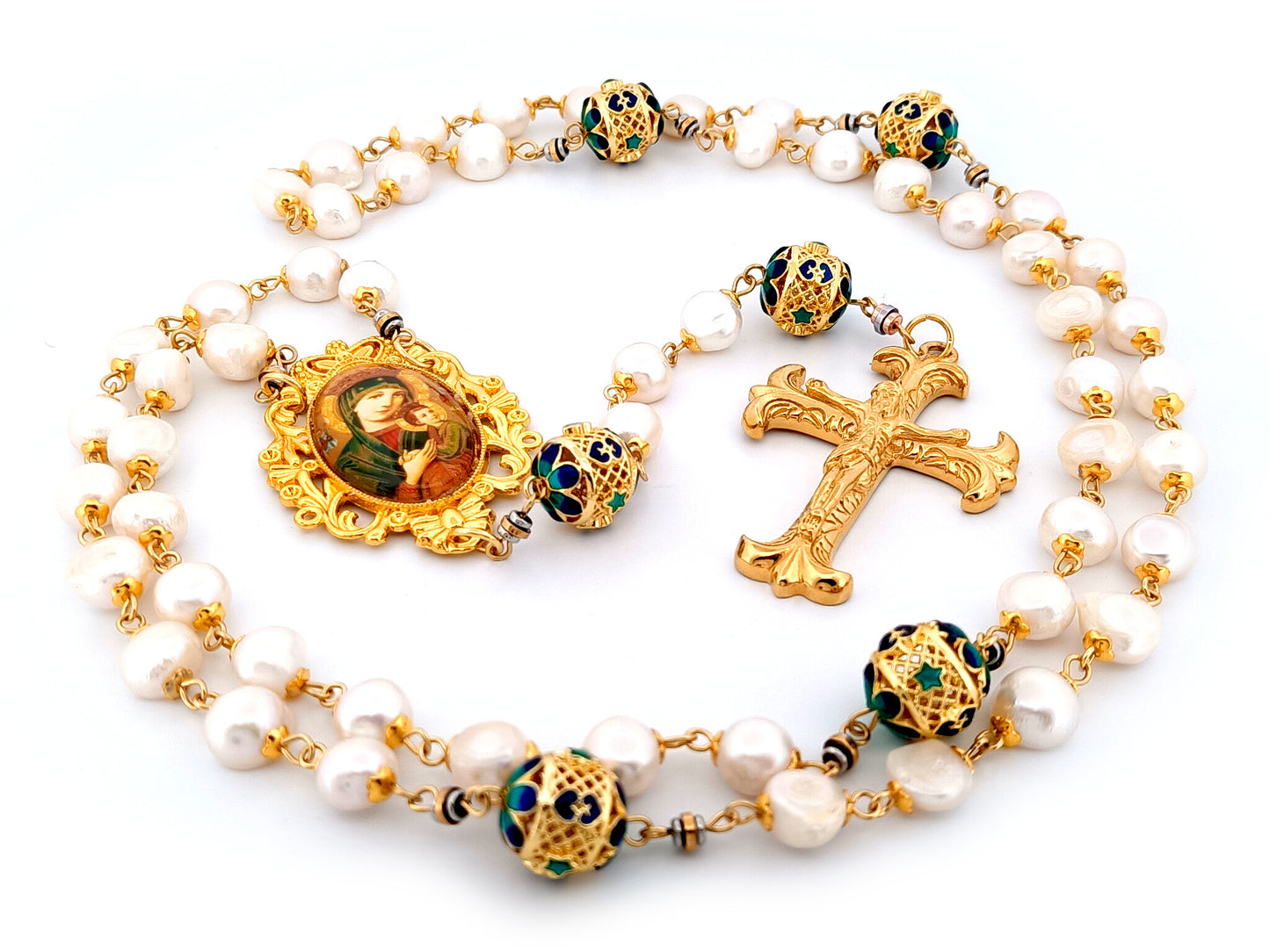 Our Lady of Perpetual Help unique rosary beads freshwater pearl and gold lattice rosary with gold plated Fleur de Lys crucifix.