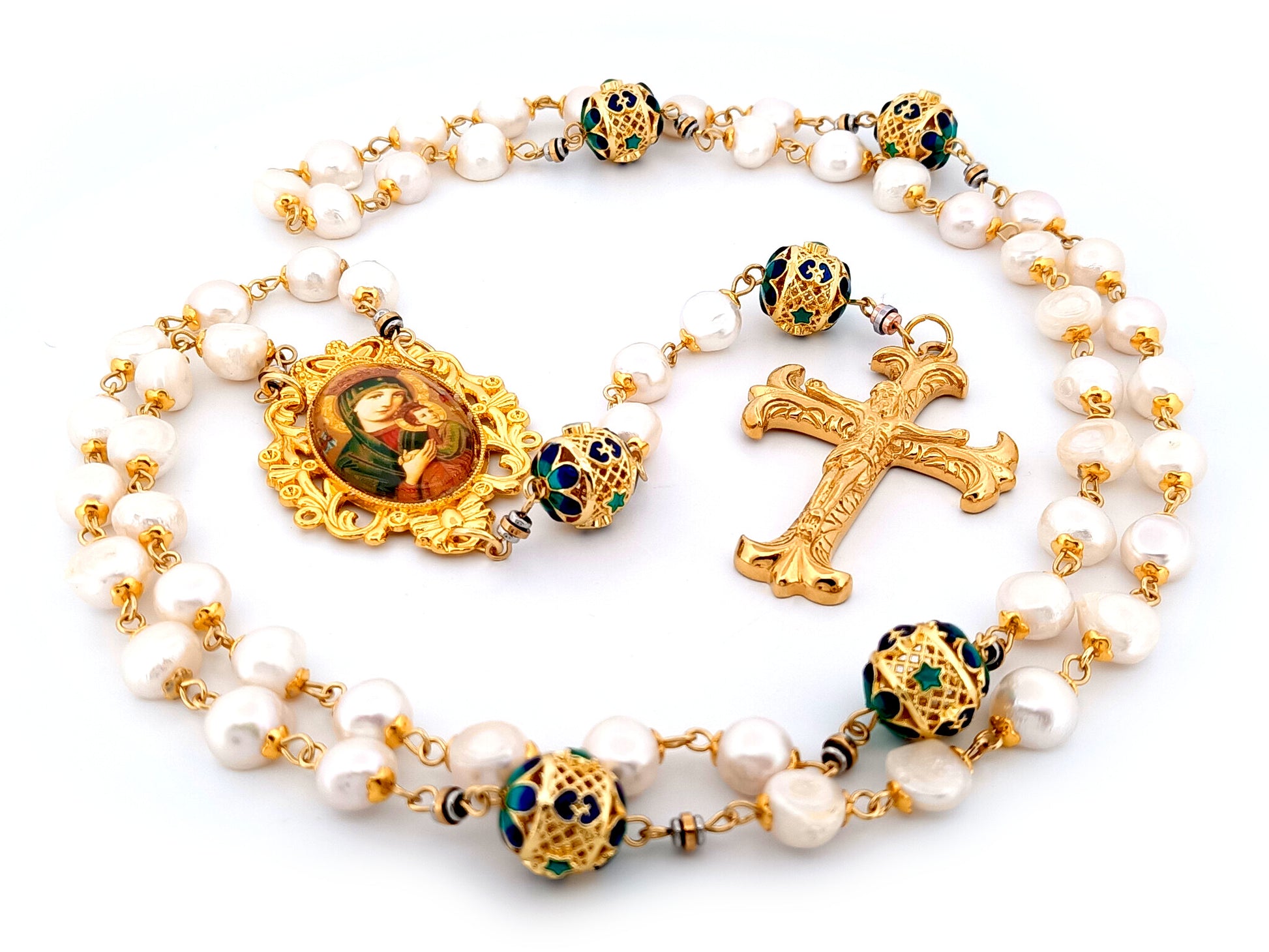 Our Lady of Perpetual Help unique rosary beads freshwater pearl and gold lattice rosary with gold plated Fleur de Lys crucifix.