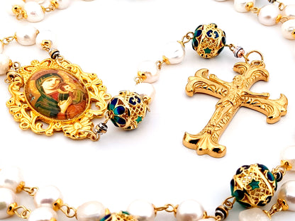 Our Lady of Perpetual Help unique rosary beads freshwater pearl and gold lattice rosary with gold plated Fleur de Lys crucifix.