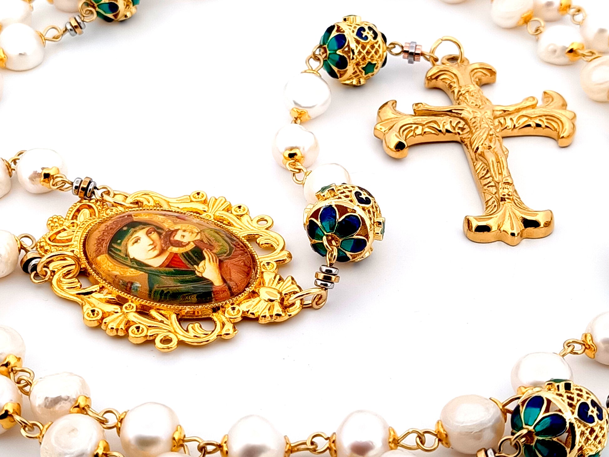 Our Lady of Perpetual Help unique rosary beads freshwater pearl and gold lattice rosary with gold plated Fleur de Lys crucifix.