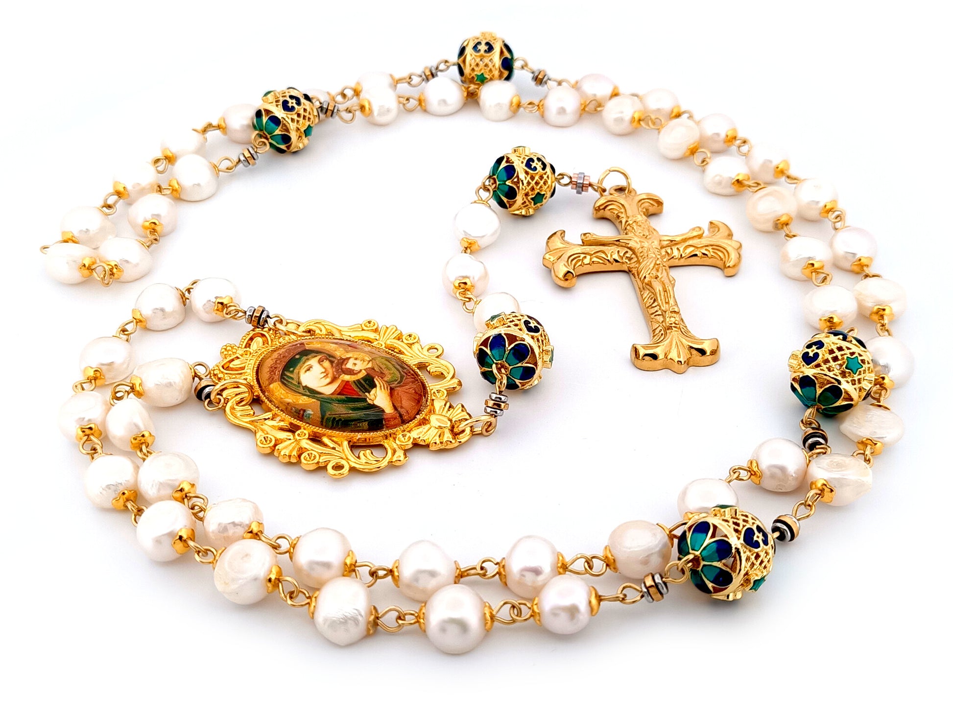 Our Lady of Perpetual Help unique rosary beads freshwater pearl and gold lattice rosary with gold plated Fleur de Lys crucifix.