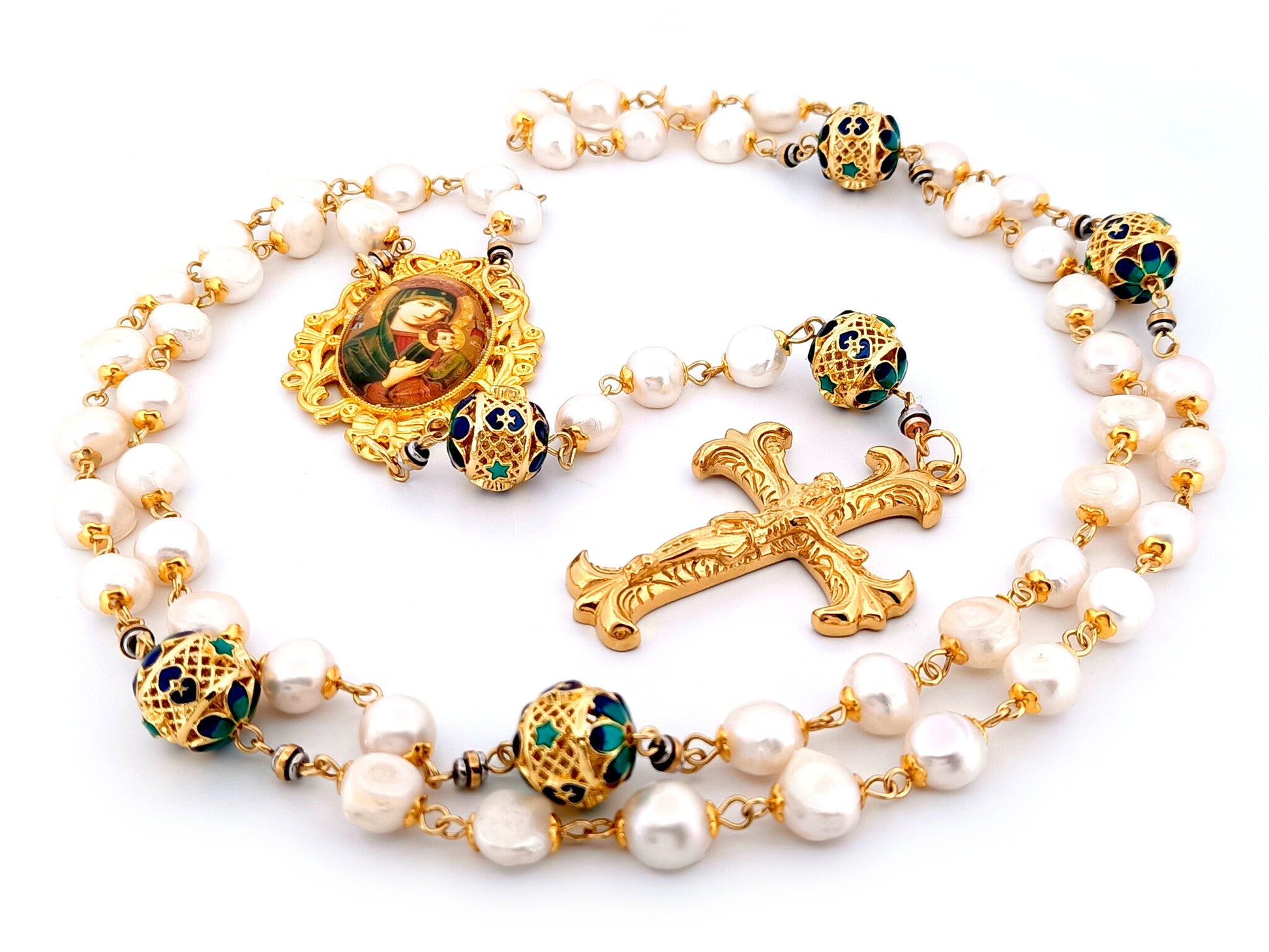 Our Lady of Perpetual Help unique rosary beads freshwater pearl and gold lattice rosary with gold plated Fleur de Lys crucifix.