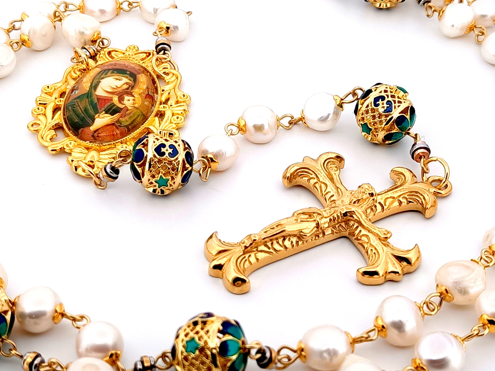 Our Lady of Perpetual Help unique rosary beads freshwater pearl and gold lattice rosary with gold plated Fleur de Lys crucifix.