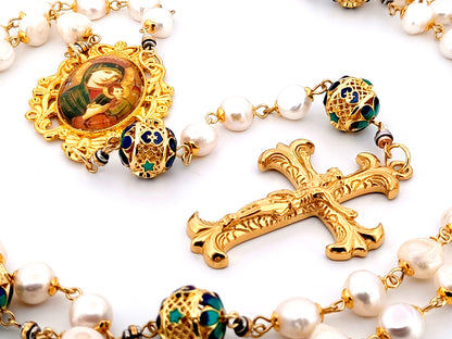 Our Lady of Perpetual Help unique rosary beads freshwater pearl and gold lattice rosary with gold plated Fleur de Lys crucifix.