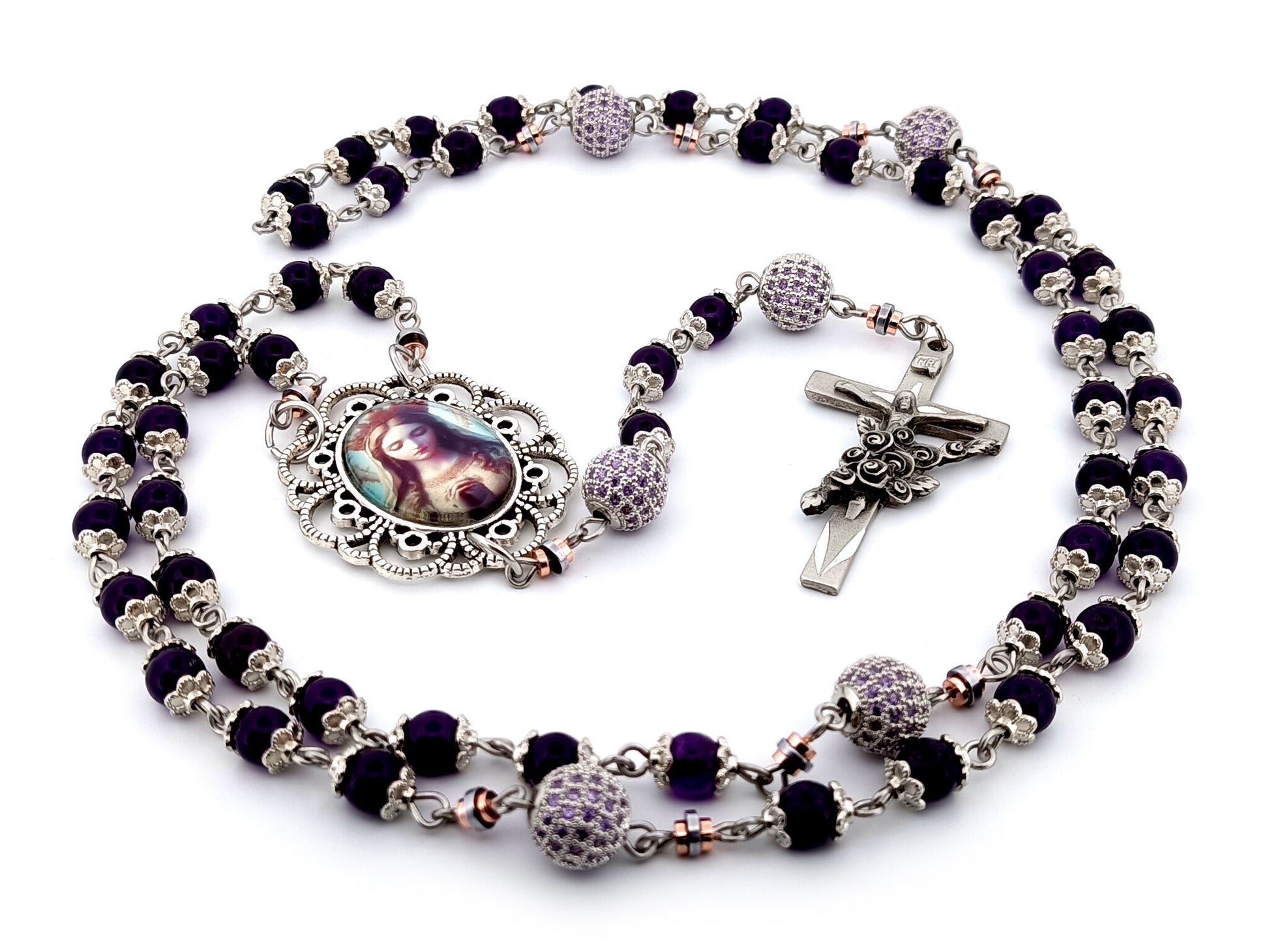 Queen of Heaven unique rosary beads amethyst and cubic zirconia rosary with etched pewter Saint Therese crucifix.