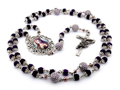 Queen of Heaven unique rosary beads amethyst and cubic zirconia rosary with etched pewter Saint Therese crucifix.