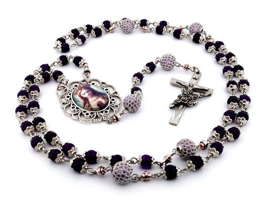 Queen of Heaven unique rosary beads amethyst and cubic zirconia rosary with etched pewter Saint Therese crucifix.