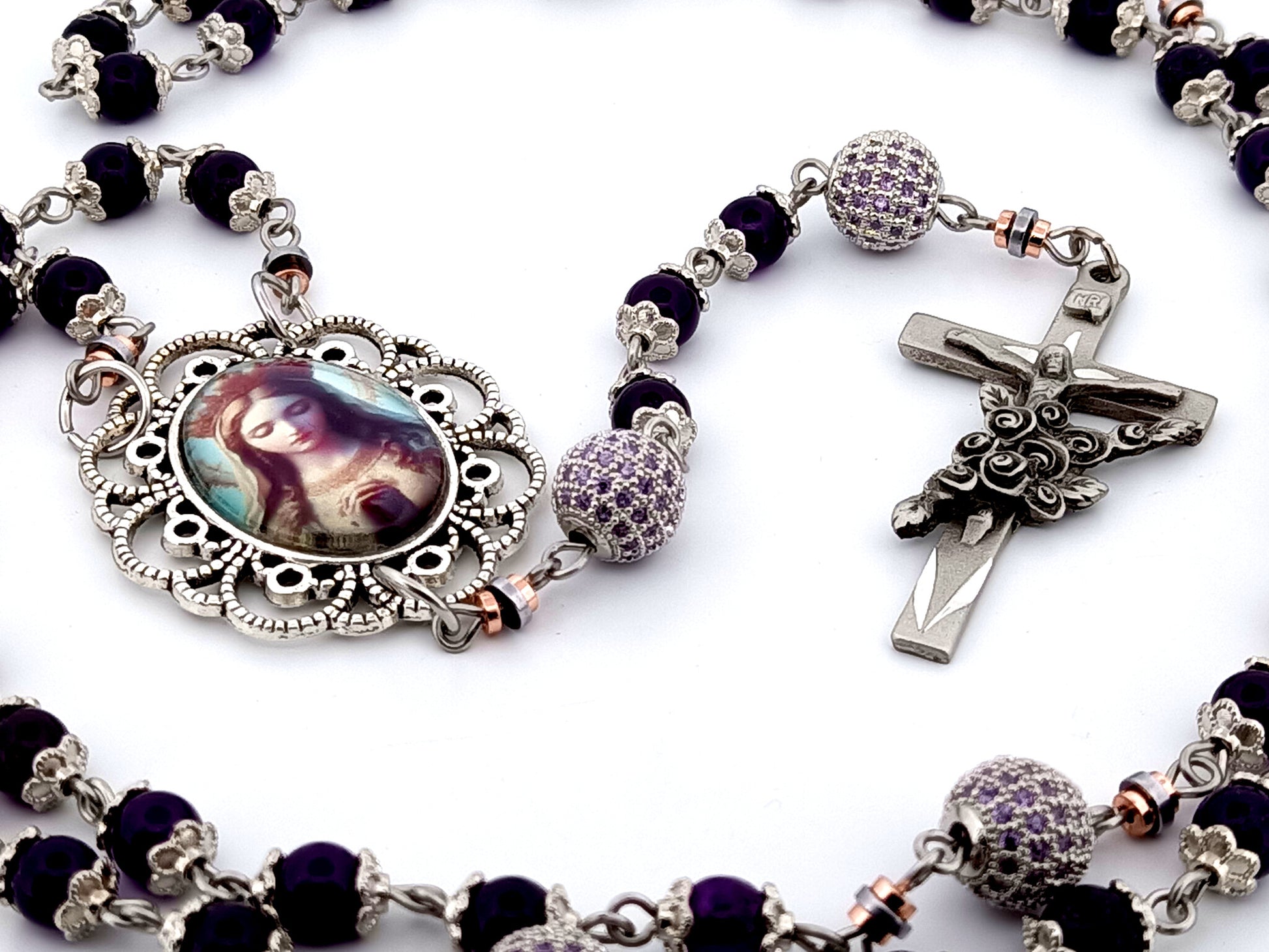 Queen of Heaven unique rosary beads amethyst and cubic zirconia rosary with etched pewter Saint Therese crucifix.