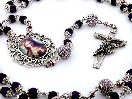 Queen of Heaven unique rosary beads amethyst and cubic zirconia rosary with etched pewter Saint Therese crucifix.