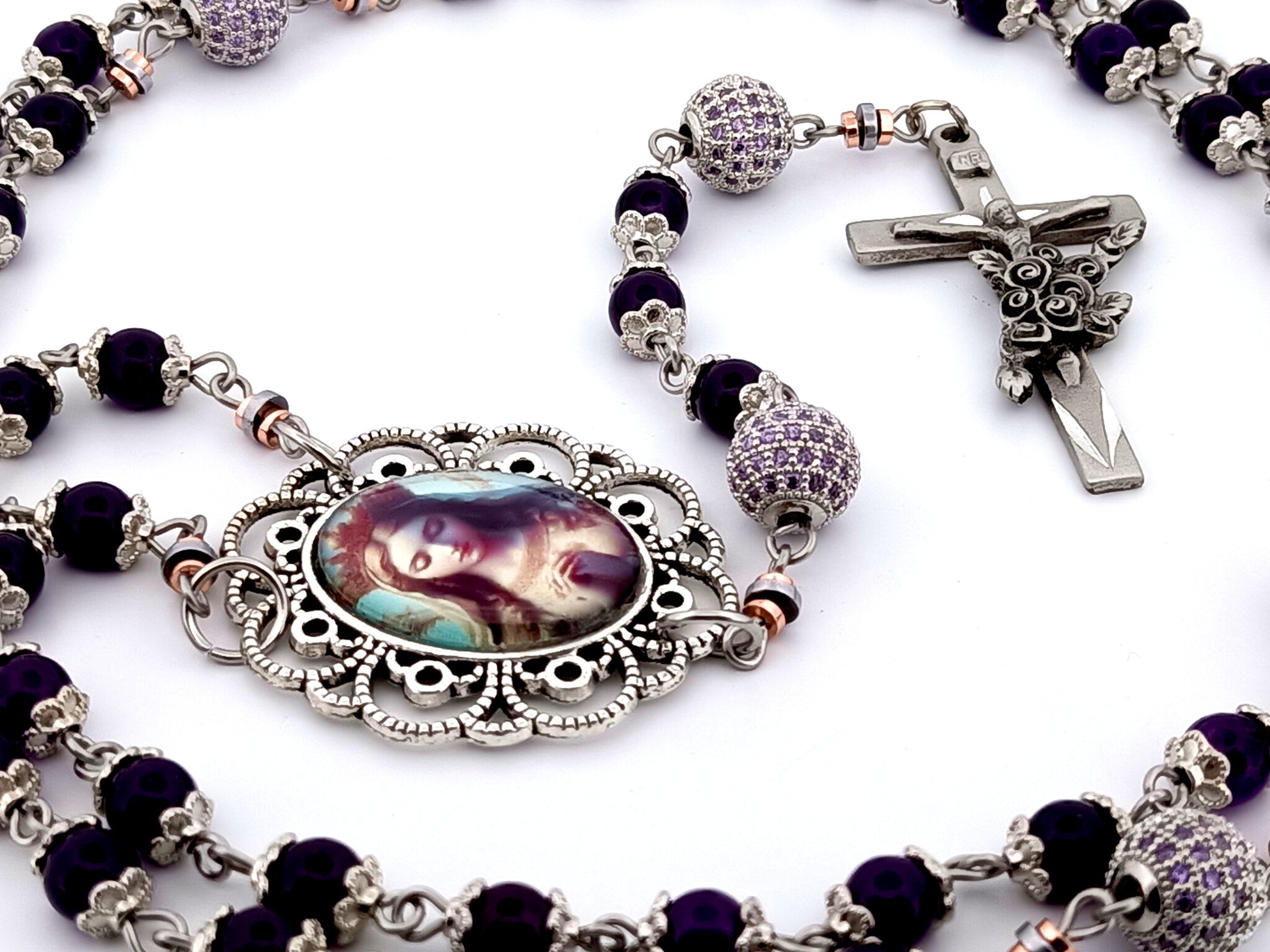 Queen of Heaven unique rosary beads amethyst and cubic zirconia rosary with etched pewter Saint Therese crucifix.