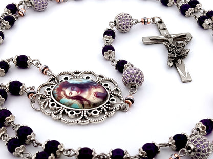 Queen of Heaven unique rosary beads amethyst and cubic zirconia rosary with etched pewter Saint Therese crucifix.