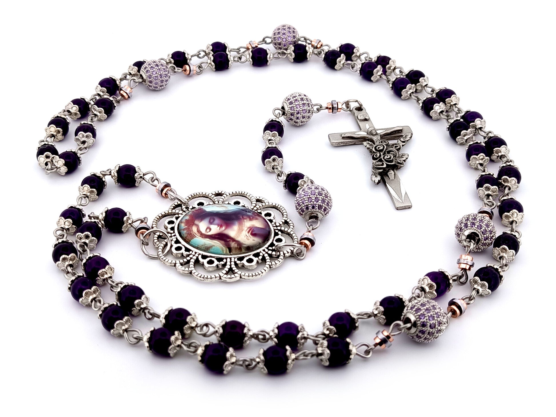 Queen of Heaven unique rosary beads amethyst and cubic zirconia rosary with etched pewter Saint Therese crucifix.
