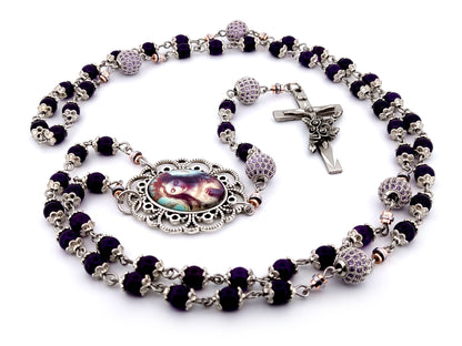 Queen of Heaven unique rosary beads amethyst and cubic zirconia rosary with etched pewter Saint Therese crucifix.
