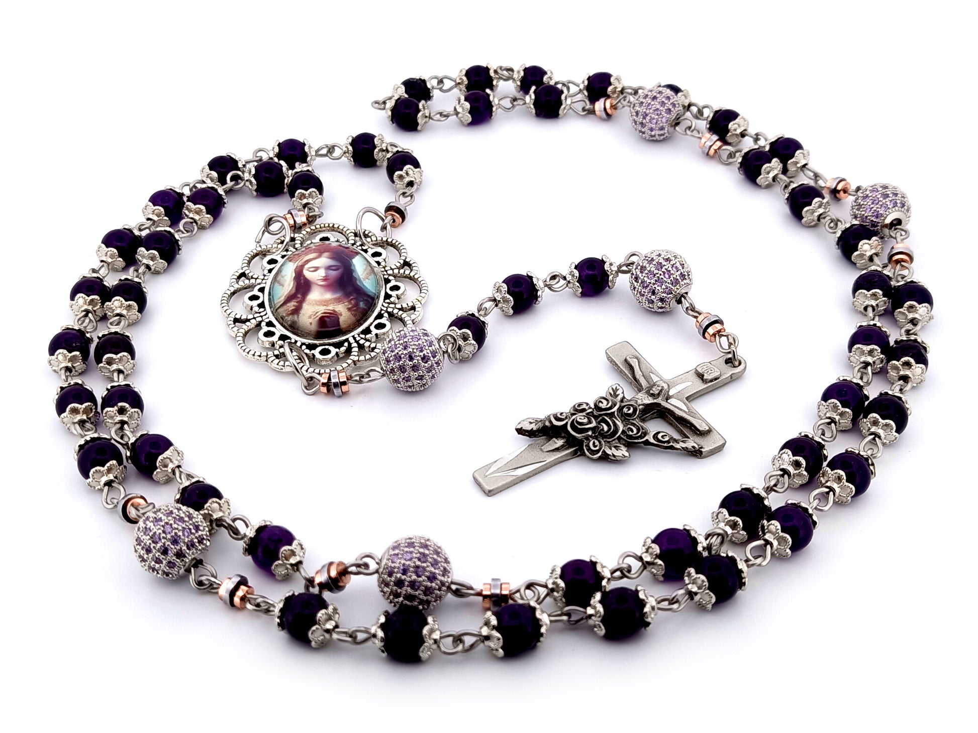 Queen of Heaven unique rosary beads amethyst and cubic zirconia rosary with etched pewter Saint Therese crucifix.