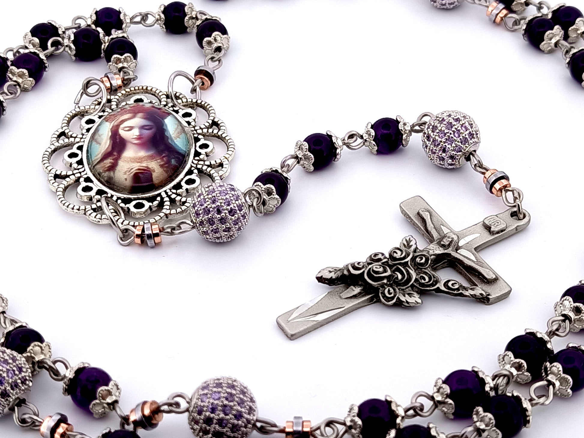 Queen of Heaven unique rosary beads amethyst and cubic zirconia rosary with etched pewter Saint Therese crucifix.
