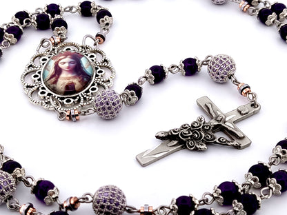 Queen of Heaven unique rosary beads amethyst and cubic zirconia rosary with etched pewter Saint Therese crucifix.