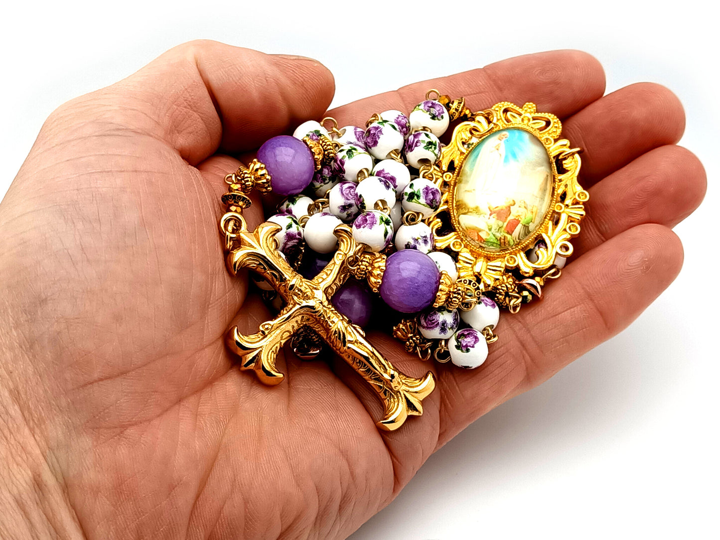 Our Lady of Fatima unique rosary beads porcelain and purple glass rosary with gold plated Fleur de Lys crucifix.