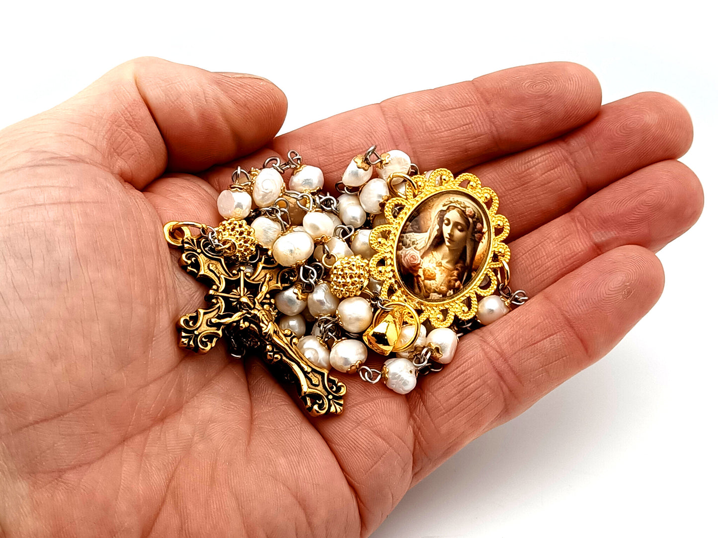 Immaculate Heart of Mary unique rosary beads freshwater pearl and gold rosary beads with gold plated filigree crucifix.