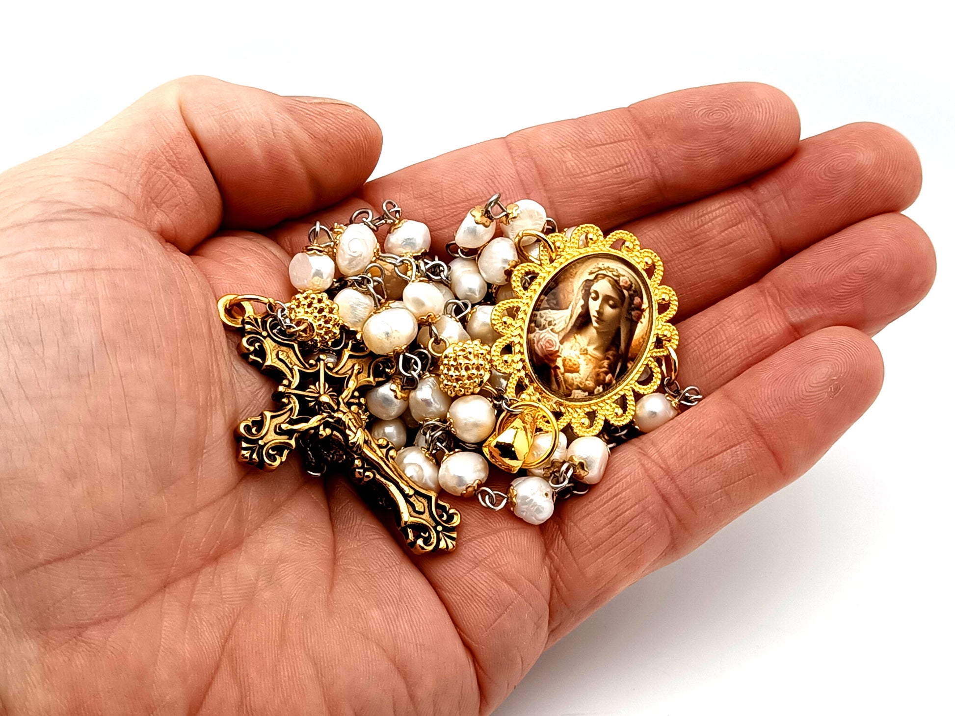 Immaculate Heart of Mary unique rosary beads freshwater pearl and gold rosary beads with gold plated filigree crucifix.