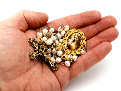 Immaculate Heart of Mary unique rosary beads freshwater pearl and gold rosary beads with gold plated filigree crucifix.