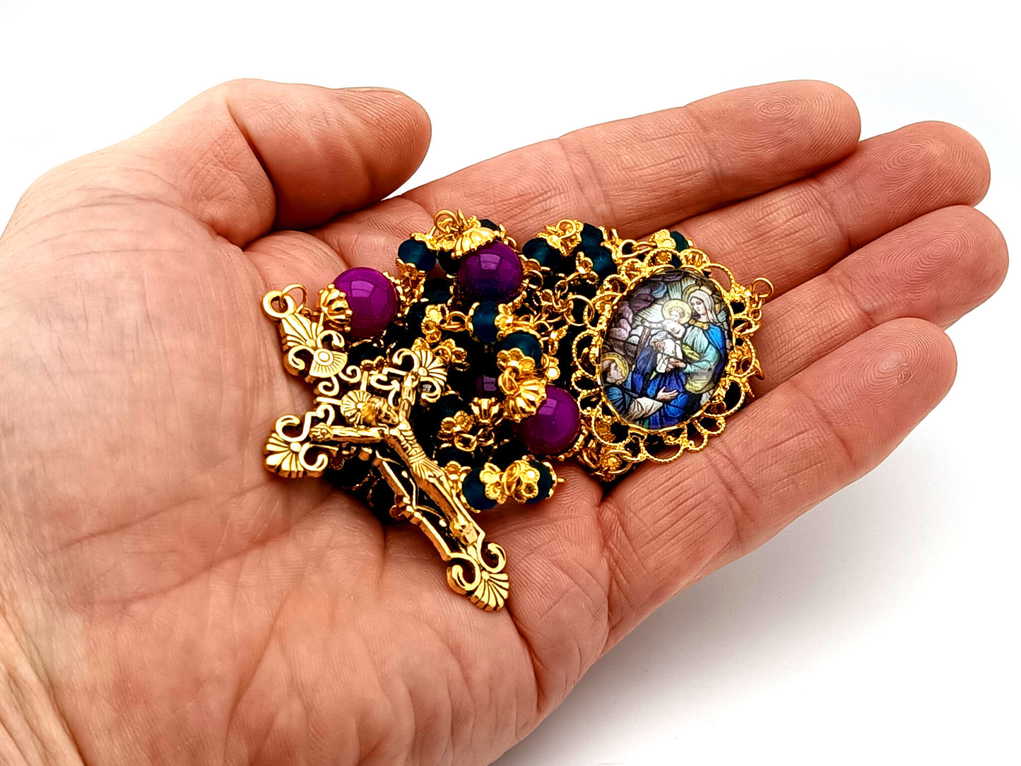 Saint Dominic and Our Lady of the Rosary unique rosary beads glass and gold rosary with gold plated filigree crucifix.