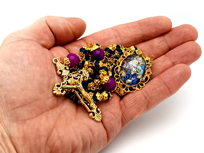 Saint Dominic and Our Lady of the Rosary unique rosary beads glass and gold rosary with gold plated filigree crucifix.